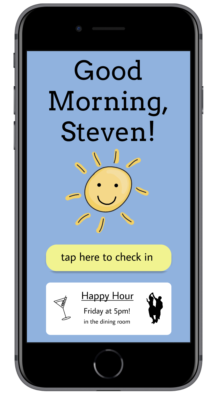 A screen from our prototype, featuring a smiling sun and a button to check in.