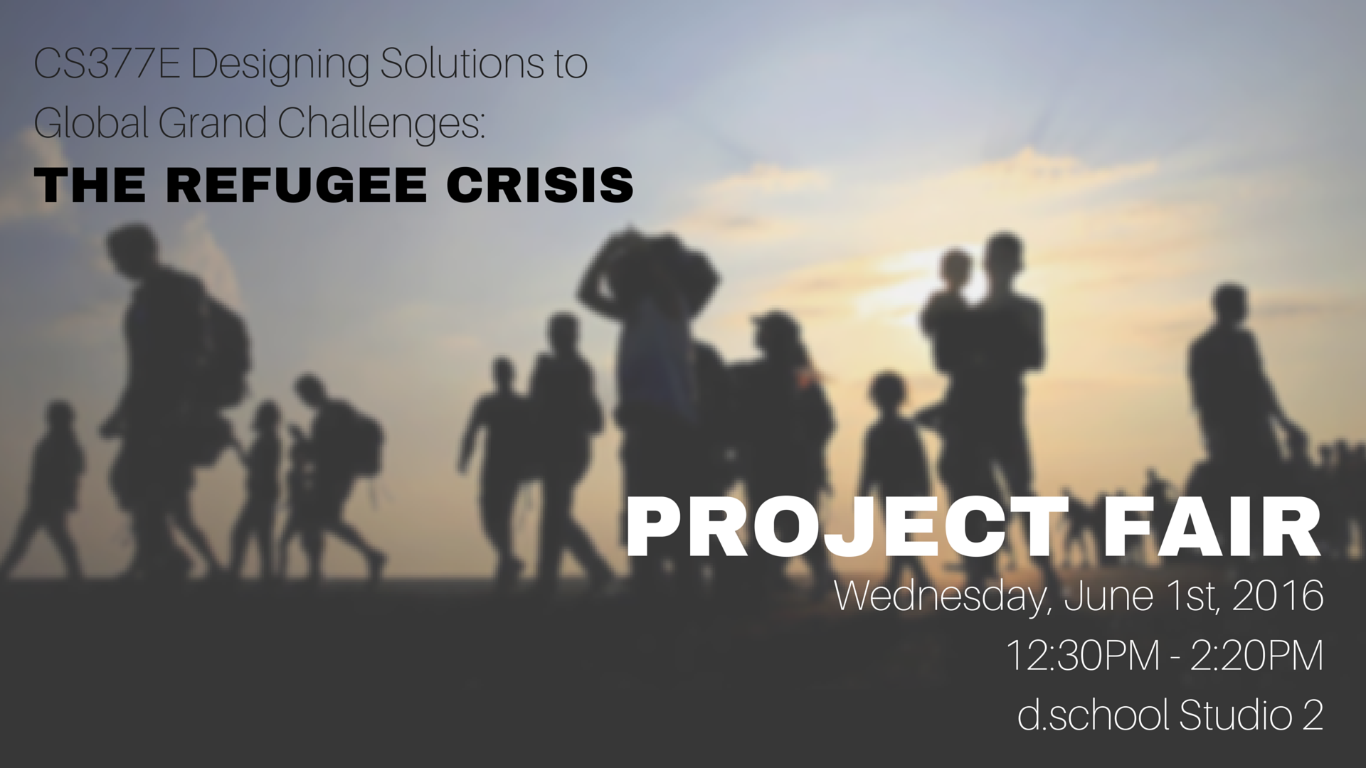 image courtesy of New York Times. flyer for SCPKU 2016 final project fair. text: SCPKU 2016 Designing Solutions to Global Grand Challenges: The Refugee Crisis. Project Fair Wednesday, June 1st, 2016. 12:30-2:20pm. d.school Studio 2